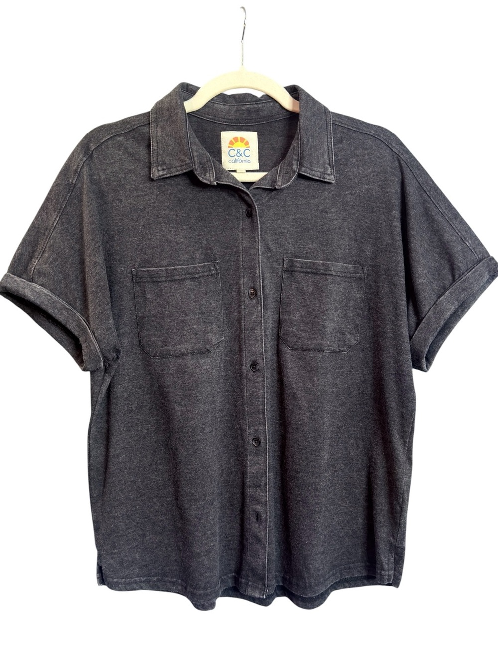 C&C California Women’s Gray Knit Button-up Front Collared Shirt Medium